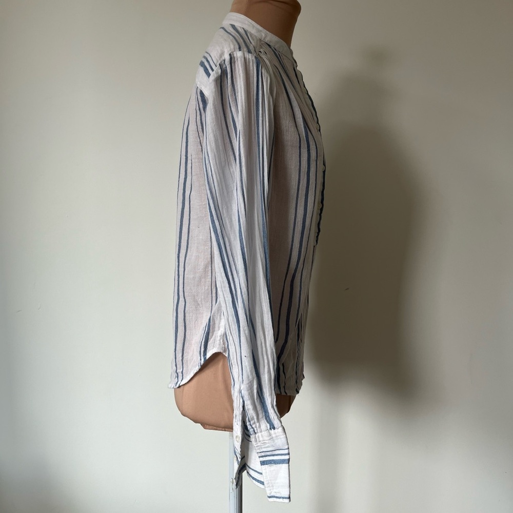 Frame Denim Button Up Gauze Cotton White Stripe Blue Long Sleeve Blouse EUC XS - Picture 7 of 11